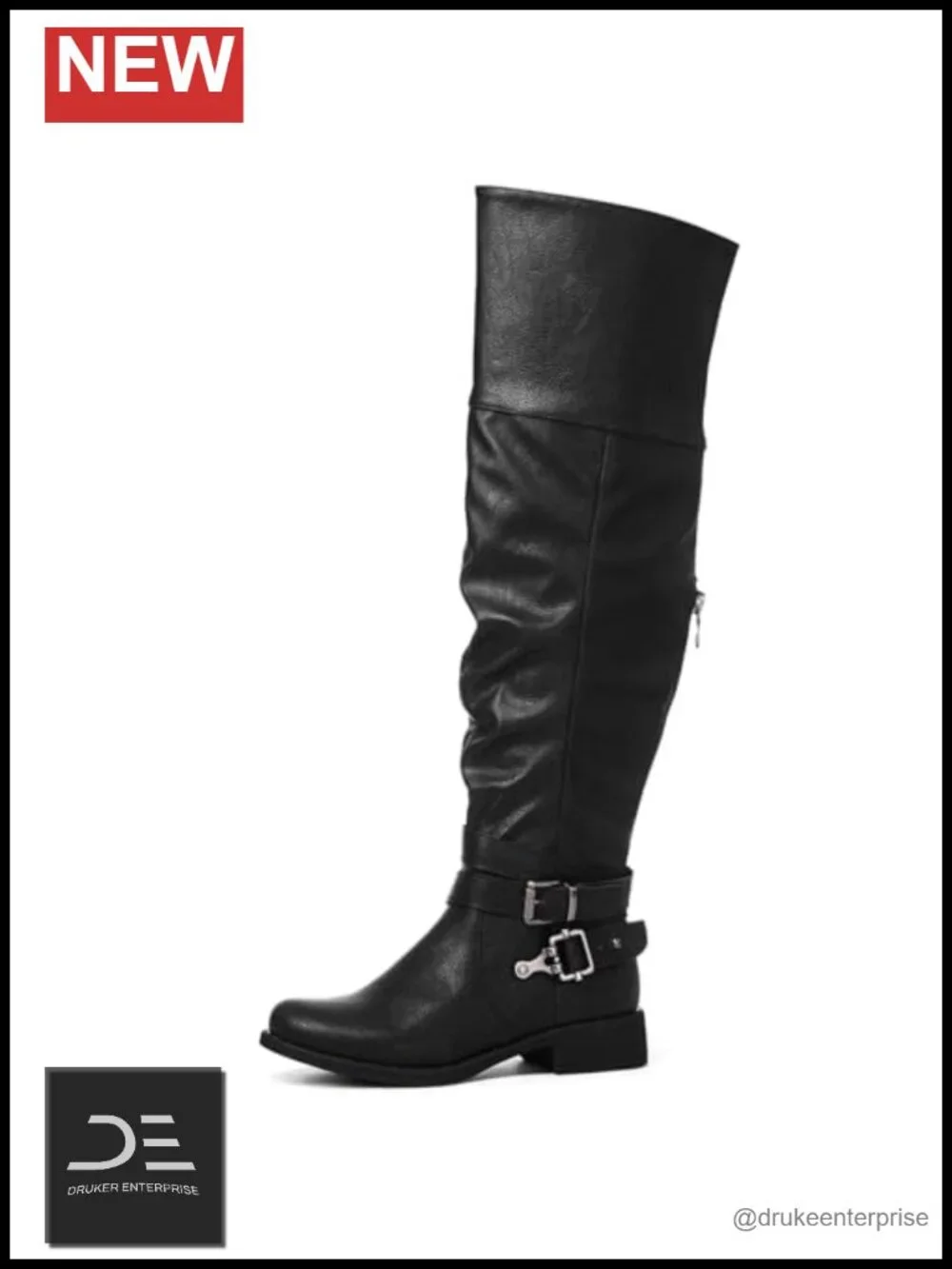 Faux Leather Over the Knee Boots, Slouchy Motorcycle Style with Low Block Heel